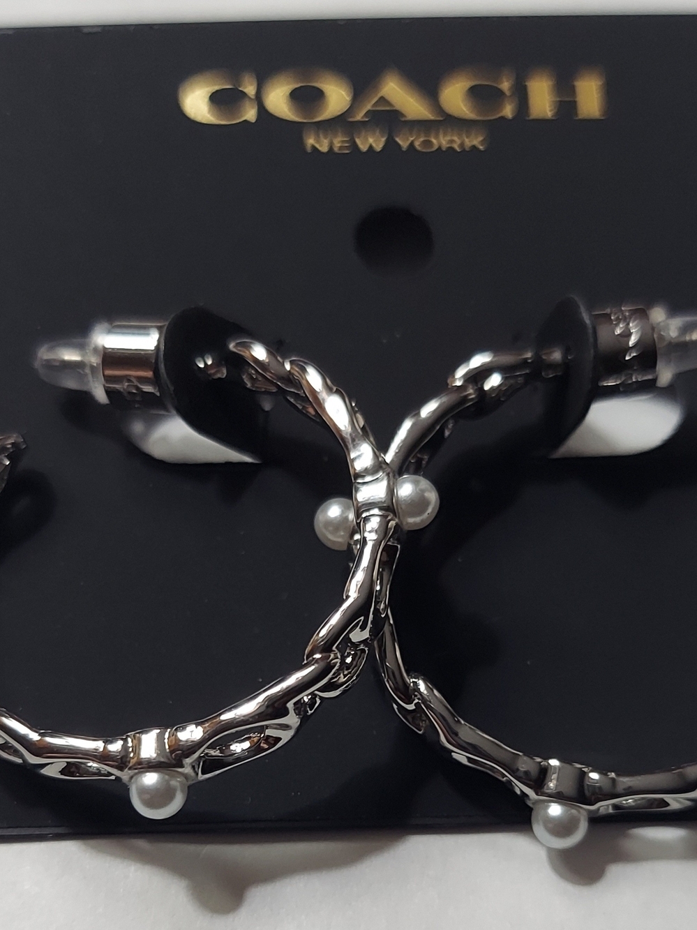 COACH Silver-Tone Hoop Earrings with Pearl Accents - Picture 4 of 6